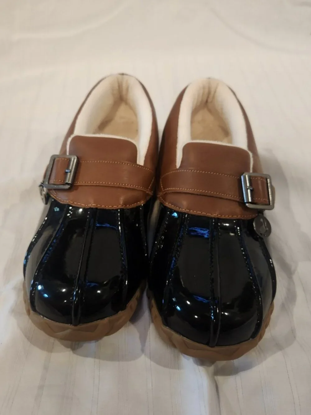 Sporto Paria Navy Patent Leather Fur Lined Duck Shoes Rain Loafers Size 6